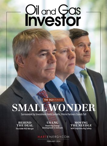 Oil and Gas Investor February 2024 cover featuring Petrie Partners CEO Jon Hughes, COO Andy Rapp and CFO Mick Bock