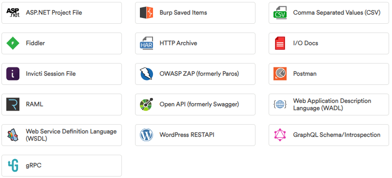 API definition formats supported by Invicti