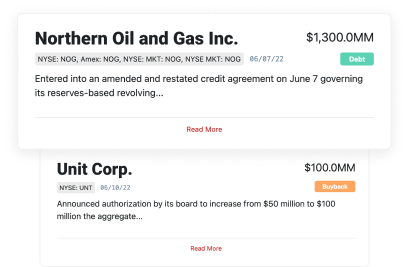 screenshot of new financings database